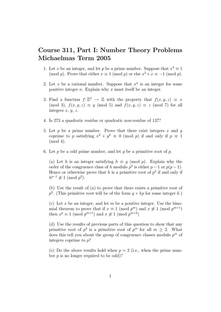 Course 311 Part I Number Theory Problems Michaelmas Term 05
