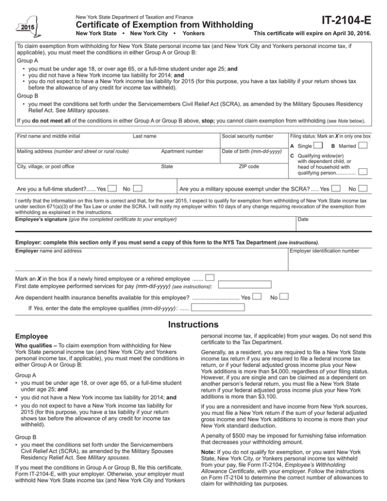 IT2104E Certificate of Exemption from Withholding