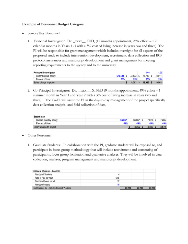 Example Of Personnel Budget Category Senior Key Personnel