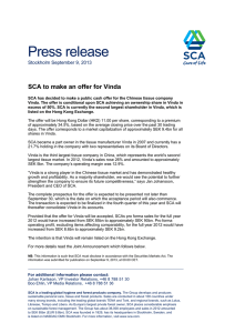 Press release SCA to make an offer for Vinda