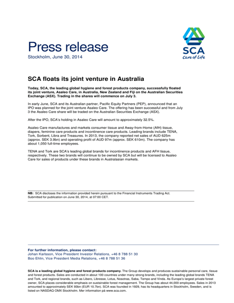 ejendom sikring Studiet Press release SCA floats its joint venture in Australia