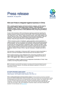 Press release  SCA and Vinda to integrate hygiene business in China
