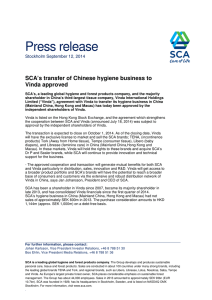 Press release SCA’s transfer of Chinese hygiene business to Vinda approved