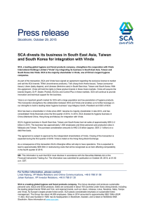 Press release SCA divests its business in South East Asia, Taiwan