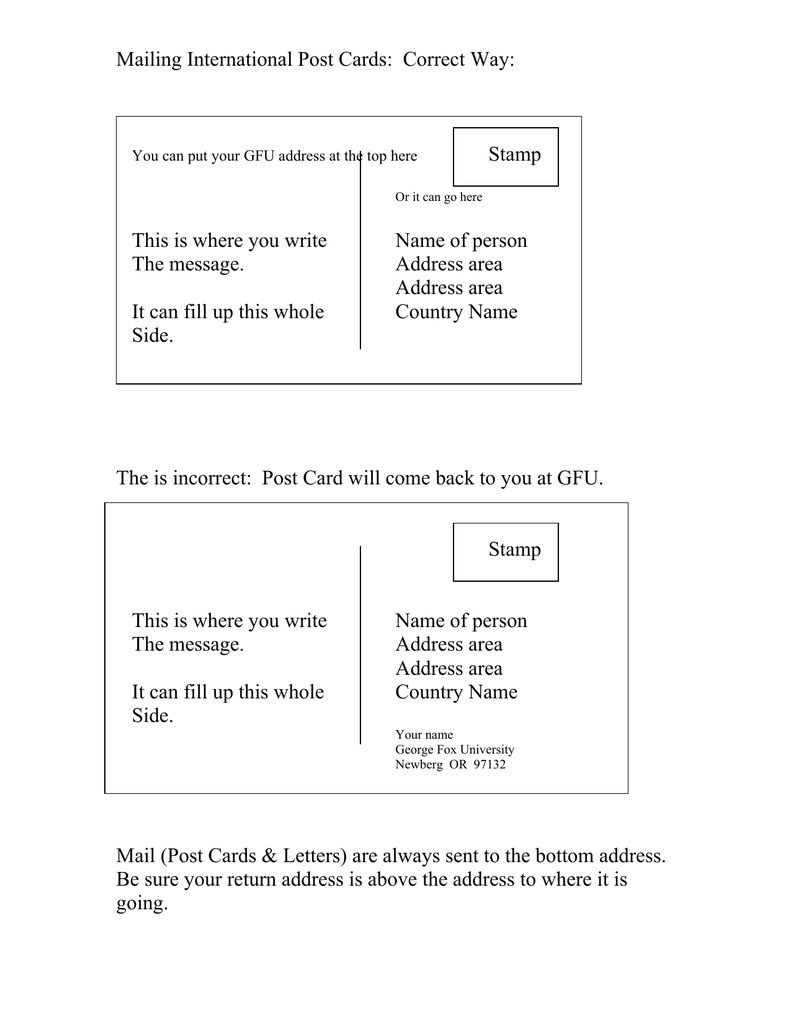 Mailing International Post Cards: Correct Way: Stamp