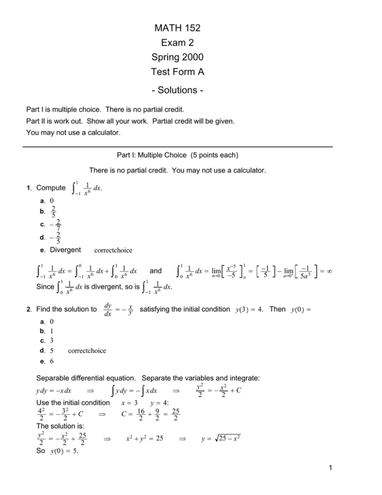 MATH 152 Exam 2 Spring 2000 Test Form A