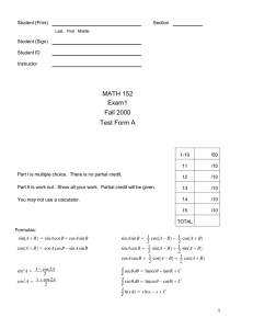 MATH 152 Exam1 Fall 2000 Test Form A