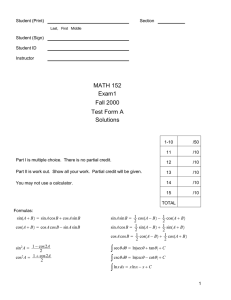 MATH 152 Exam1 Fall 2000 Test Form A