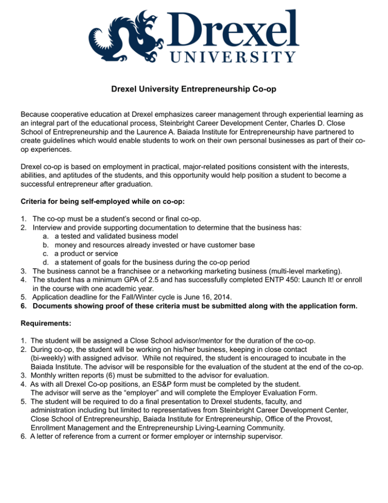 Drexel University Entrepreneurship Co op Drexel University Entrepreneurship Co op