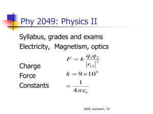Phy 2049: Physics II Syllabus, grades and exams Electricity,  Magnetism, optics Charge