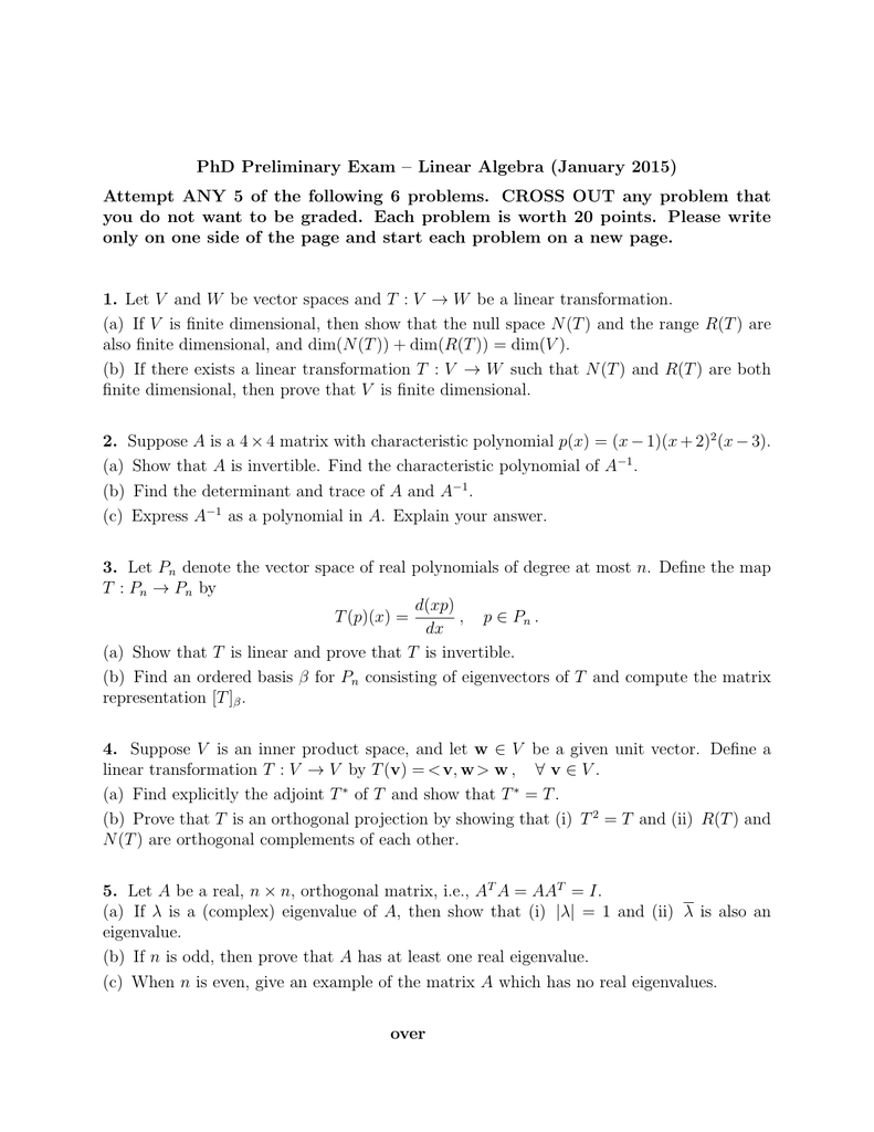 Phd Preliminary Exam Linear Algebra January 15