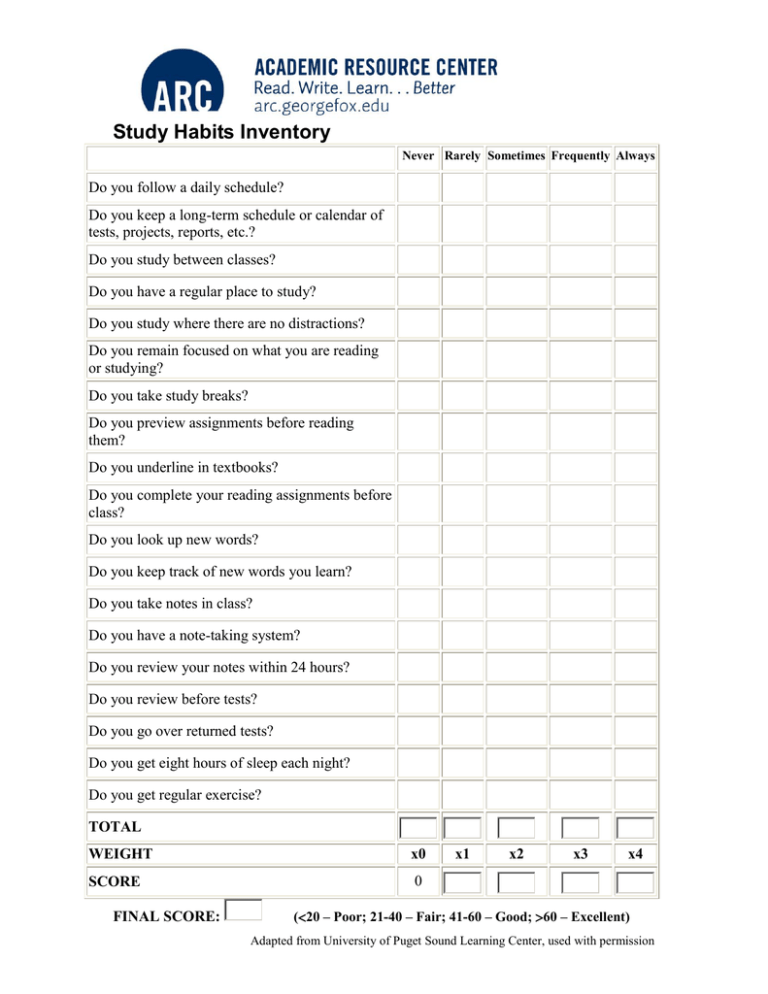 study habits research questionnaire