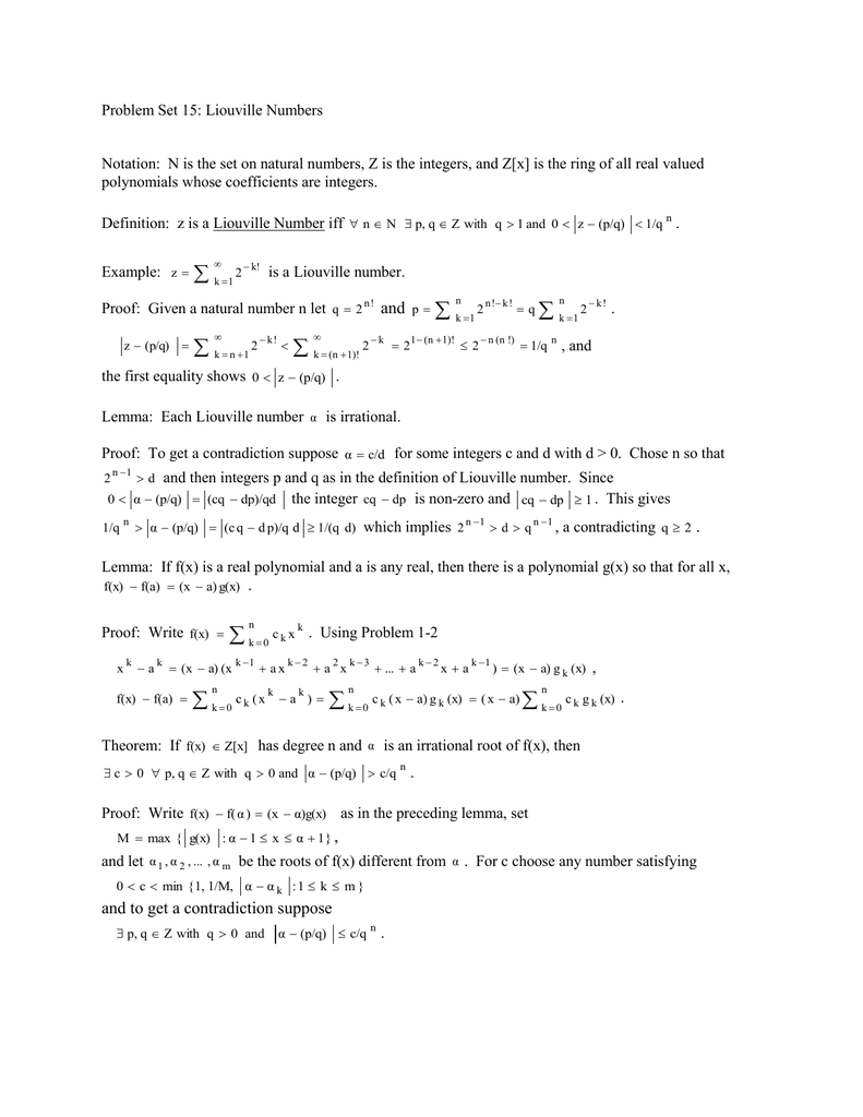 Problem Set 15 Liouville Numbers