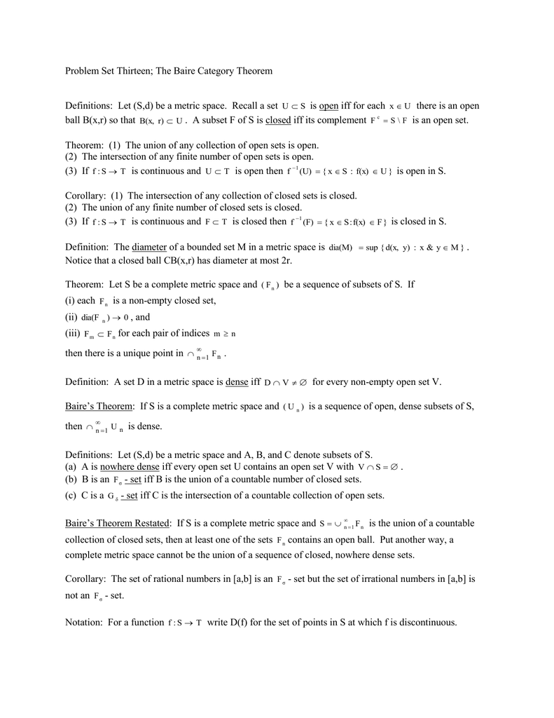 Problem Set Thirteen The Baire Category Theorem