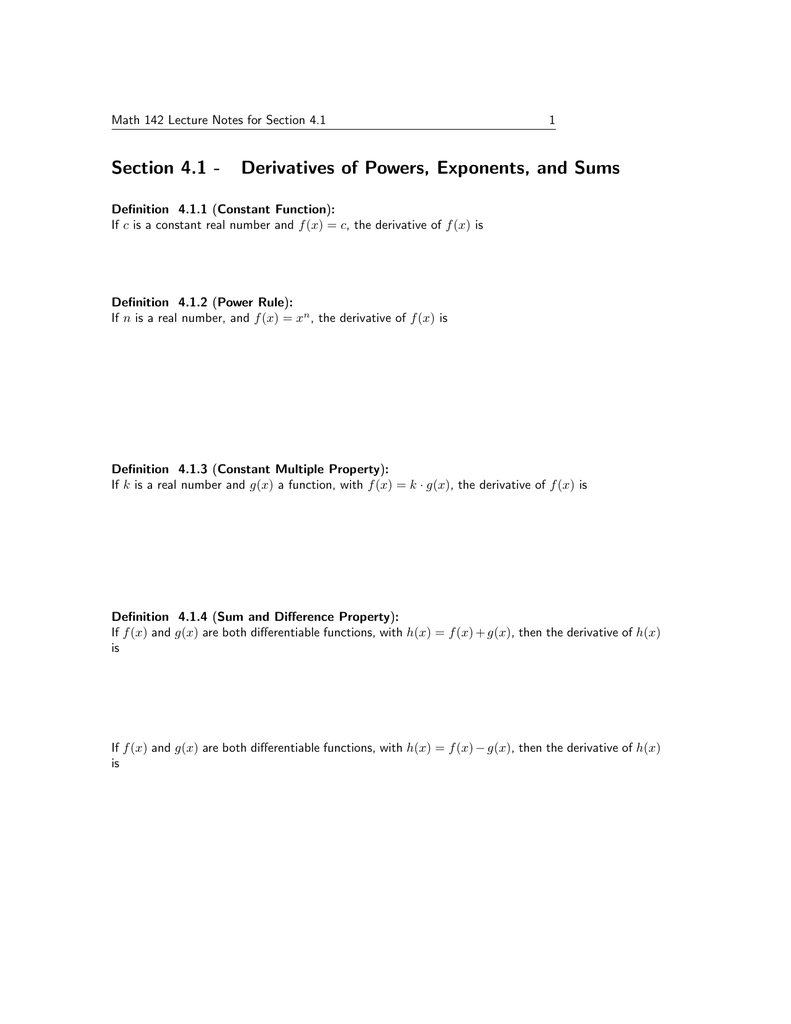 Section 4 1 Derivatives Of Powers Exponents And Sums