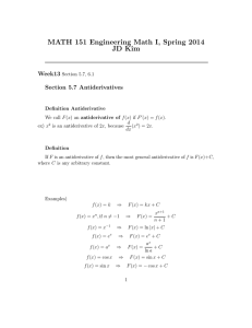MATH 151 Engineering Math I, Spring 2014 JD Kim Week13 Section 5.7 Antiderivatives
