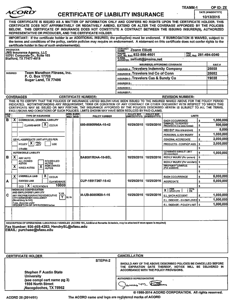 CERTIFICATE OF LIABILITY INSURANCE