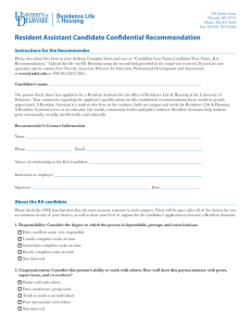 Resident Assistant Candidate Confidential Recommendation Instructions for the Recommender