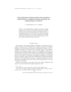 TWO-WEIGHTED INEQUALITIES FOR INTEGRAL OPERATORS IN LORENTZ SPACES DEFINED ON HOMOGENEOUS GROUPS