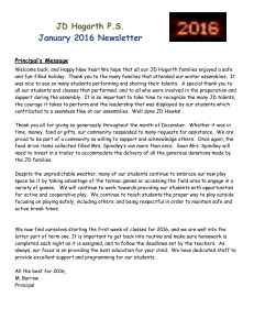 JD Hogarth P.S.  January 2016 Newsletter Principal’s Message