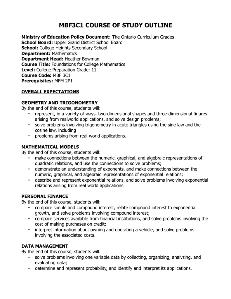 Mbf3c1 Course Of Study Outline