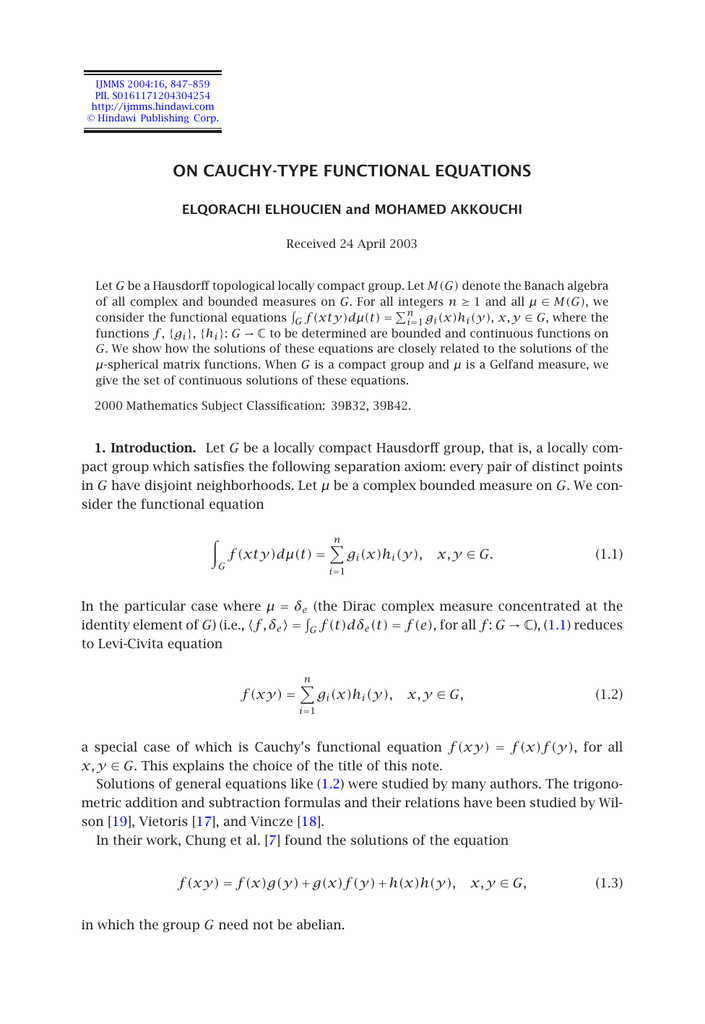 On Cauchy Type Functional Equations Elqorachi Elhoucien And Mohamed Akkouchi