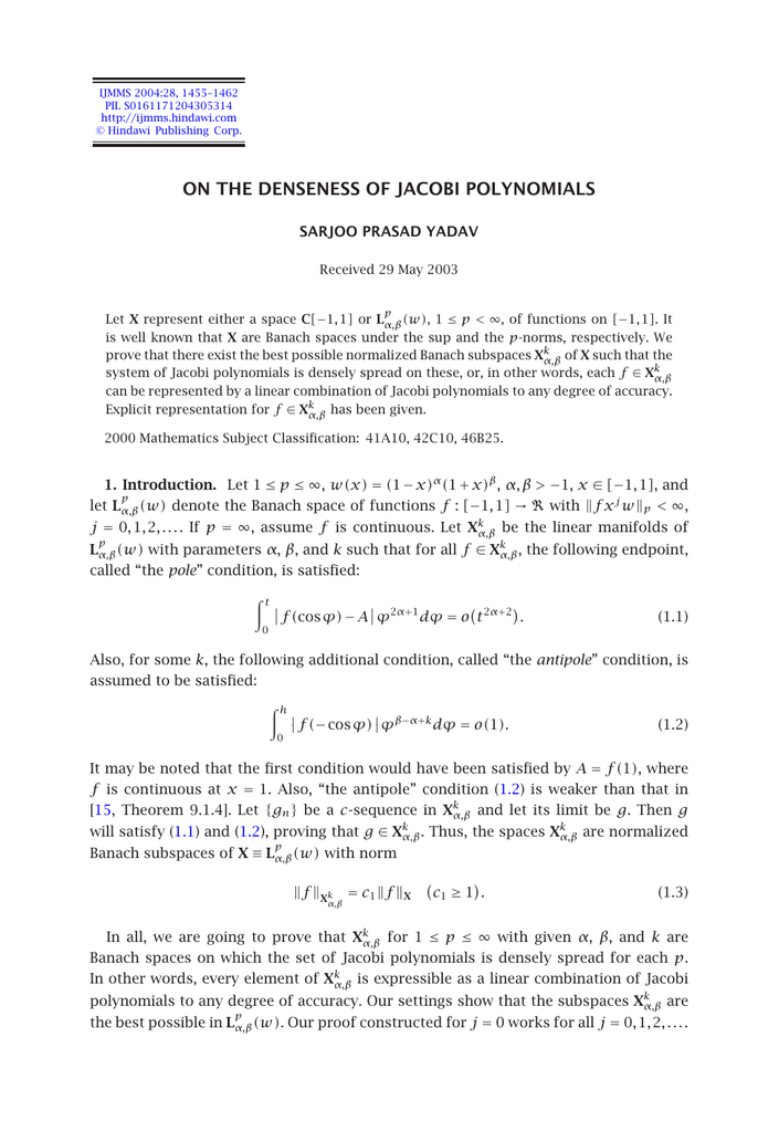 On The Denseness Of Jacobi Polynomials Sarjoo Prasad Yadav