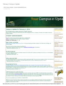 February 4 Campus e‐Update Campus e‐Update for February 4, 2016 STUDENT ANNOUNCEMENTS