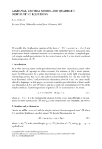 LAGRANGE, CENTRAL NORMS, AND QUADRATIC DIOPHANTINE EQUATIONS