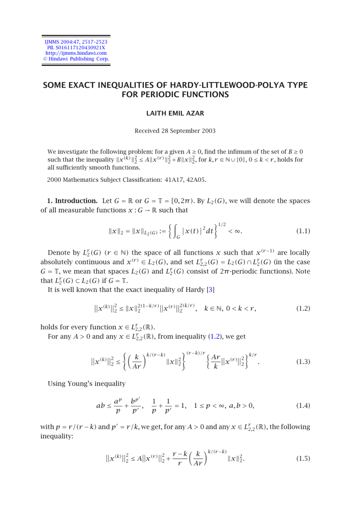 Some Exact Inequalities Of Hardy Littlewood Polya Type For Periodic Functions Laith Emil Azar