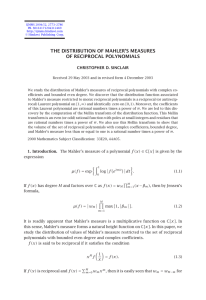 THE DISTRIBUTION OF MAHLER’S MEASURES OF RECIPROCAL POLYNOMIALS CHRISTOPHER D. SINCLAIR