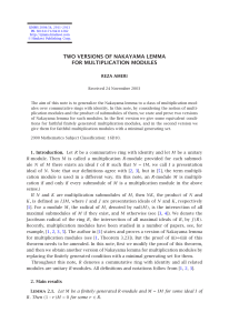 TWO VERSIONS OF NAKAYAMA LEMMA FOR MULTIPLICATION MODULES REZA AMERI