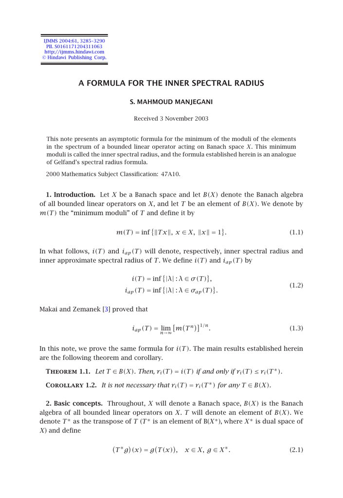 A Formula For The Inner Spectral Radius S Mahmoud Manjegani