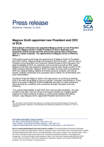 Press release Magnus Groth appointed new President and CEO of SCA