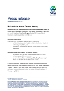 Press release  Notice of the Annual General Meeting Stockholm, March 10, 2015