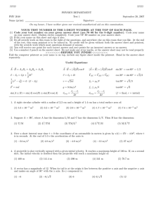 77777 PHYSICS DEPARTMENT PHY 2048 Test 1
