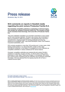 Press release SCA comments on reports in Swedish media