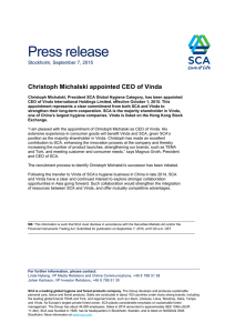 Press release Christoph Michalski appointed CEO of Vinda Stockholm, September 7, 2015