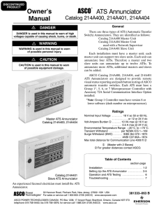 Owner’s Manual ATS Annunciator Catalog 214A400, 214A401, 214A404