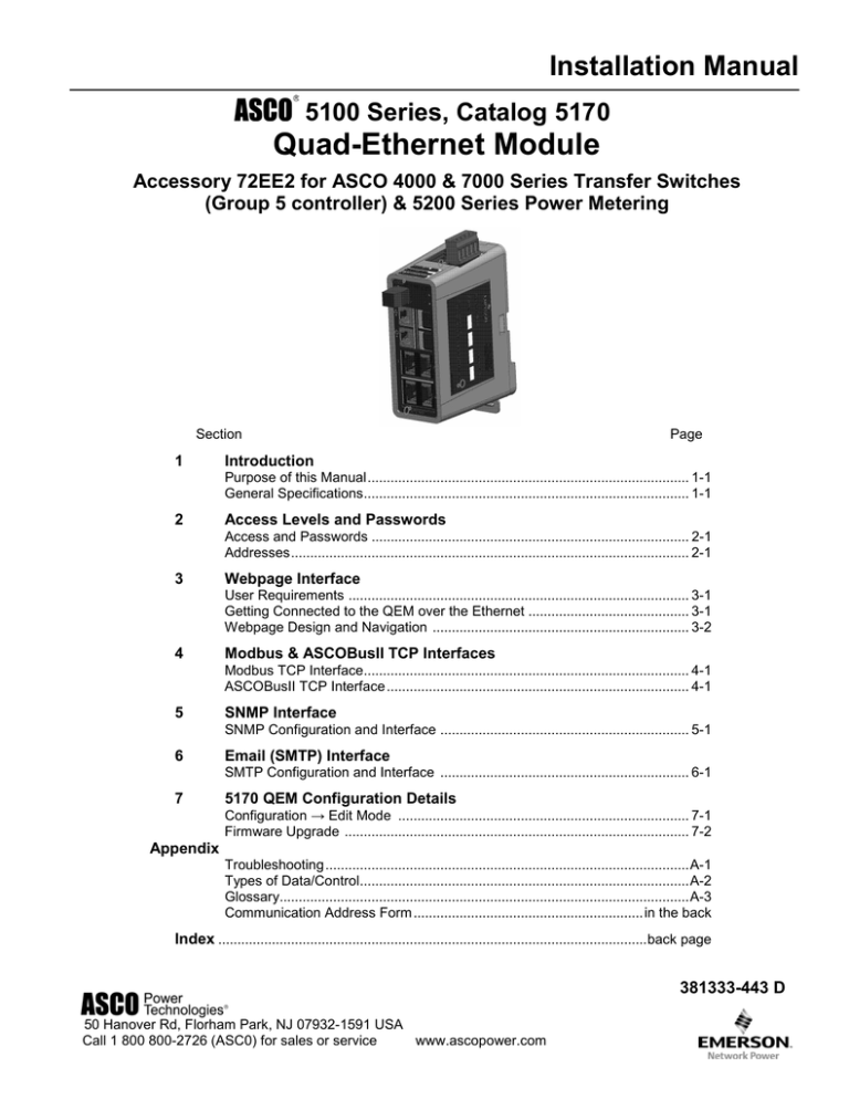 Quad-Ethernet Module Installation Manual 5100 Series, Catalog 5170  Asco Group 5 Controller Wiring Diagram    StudyLib