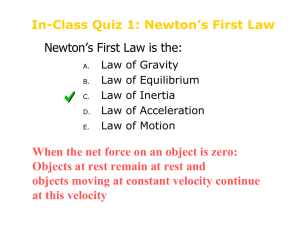 Newton’s First Law is the: In-Class Quiz 1: Newton’s First Law