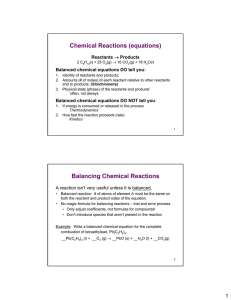 Chemical Reactions (equations) Reactants Balanced chemical equations DO tell you: Products