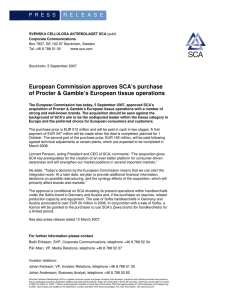 European Commission approves SCA’s purchase