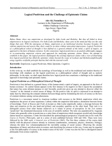 Logical Positivism and the Challenge of Epistemic Claims Ade-Ali, Funmilayo A. Abstract