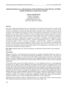 Industrial Democracy as Determinant of Job Satisfaction among Workers of... Health Institutions in Ogun State, Nigeria