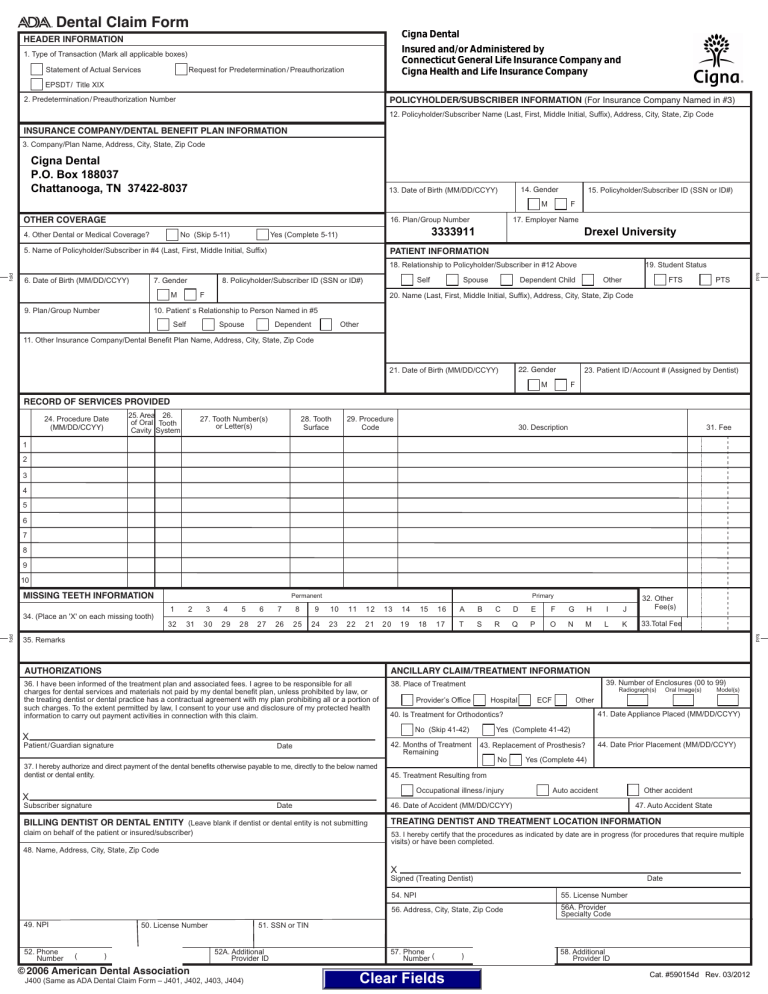 Ada Dental Claim Form Printable