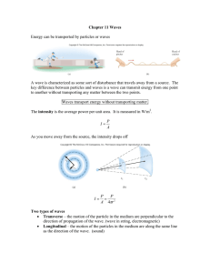 Chapter 11 Waves  Energy can be transported by particles or waves