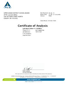 Certificate of Analysis Lab Work Order #:  L1638621 ATTN: Lorraine Millar