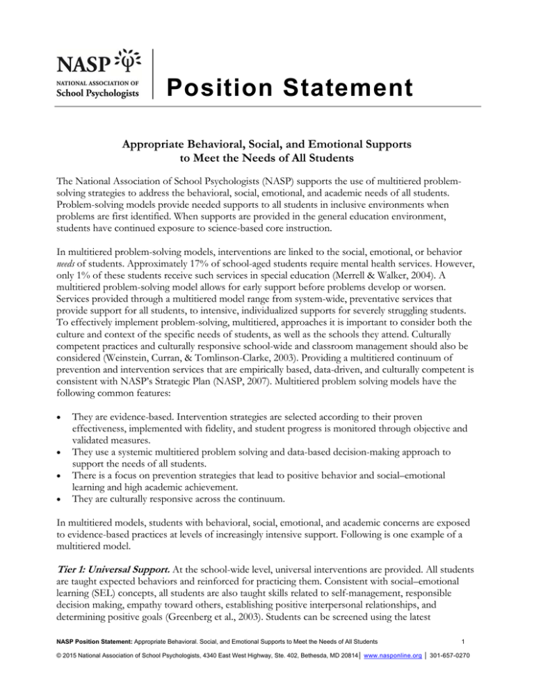 Position Statement Appropriate Behavioral Social And Emotional Supports