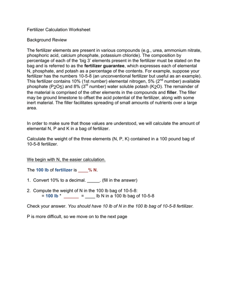 Fertilizer Calculation Worksheet Background Review